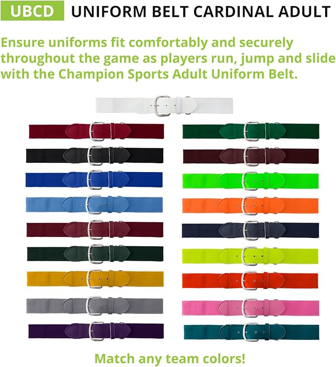 Champion Sports Baseball/Softball Uniform Belt, Comfort Stretch Fit Durable Syntex Tab - Youth & Adult Sizes, Multiple Colors