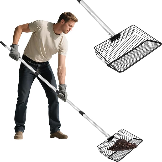 Large Metal Chicken Poop Scooper, 36 to 75" Adjustable Long Chicken Coop Litter Scoop with Stainless Steel Handle, Durable Sand Sifting Litter Shovel for Chicken Coops & Small Farm Animals