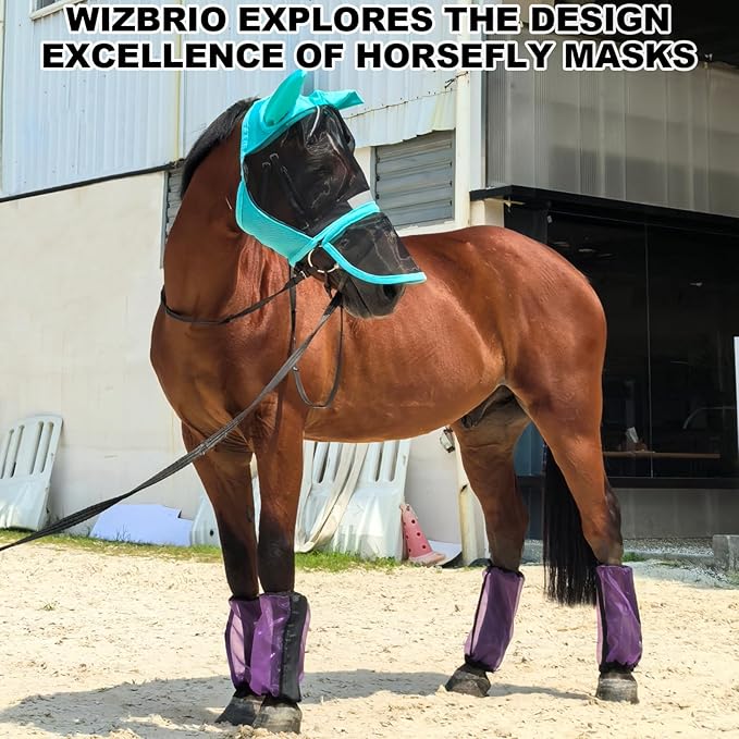 Luminous Horse Fly Mask with Long Nose, Ears, Full Face & Eye Protection - Full Mesh, Detachable Nose Cover, Fleece Padded Edging, Hook-and-Loop Straps with Webbing, Hanging Straps Mint Green