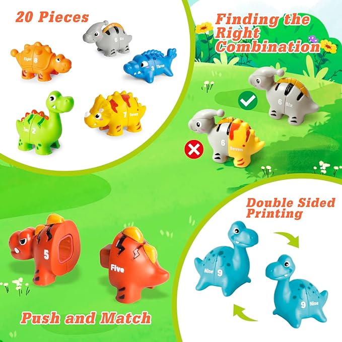 20 PCS Dinosaur Number Learning Toys for Toddlers Kids 3-5, 10 Different Dinosaur Figures, Double Sided Number Matching Game, Preschool Activities Montessori Fine Motor Toys for Toddlers Kids