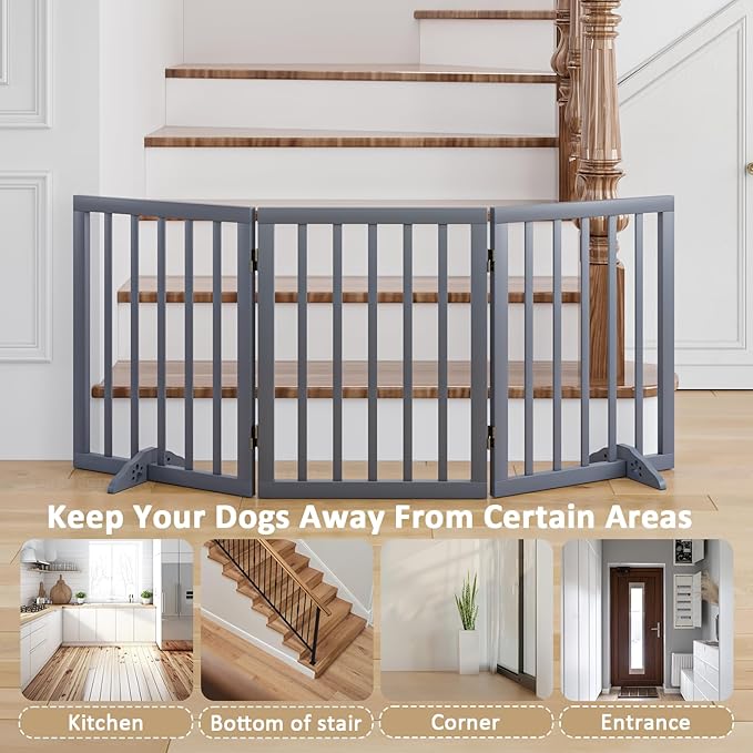 Freestanding Wooden Dog Gate - 24 Inch Tall, Support Feet, Step Over, Indoor