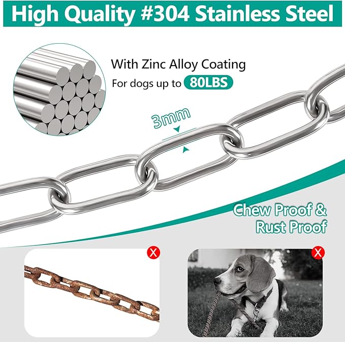 Tresbro Heavy Duty Dog Chains for Outside, 20FT Stainless Steel Tie Out Cable with Swivel Hook for Small Medium Dogs, Metal Chew Proof Pet Runner Chain Leash Lead for Outdoor Camping Hiking Yard, 3MM