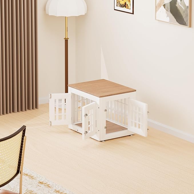 26" Heavy Duty Dog Crate Furniture for Small,Medium and Large Dogs,Rustic Wooden Dog Cage Kennel Indoor Furniture with Waterproof Top,Decorative Pet House Side End Table (White & Wood)