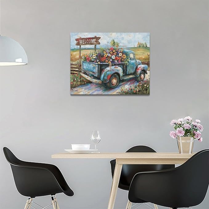 Farmhouse Truck Wall Art Rustic Country Wildflowers Wall Decor Road Flowers Landscape Pictures Canvas Print Painting Artwork for Bathroom Living Room Bedroom 12"x16"