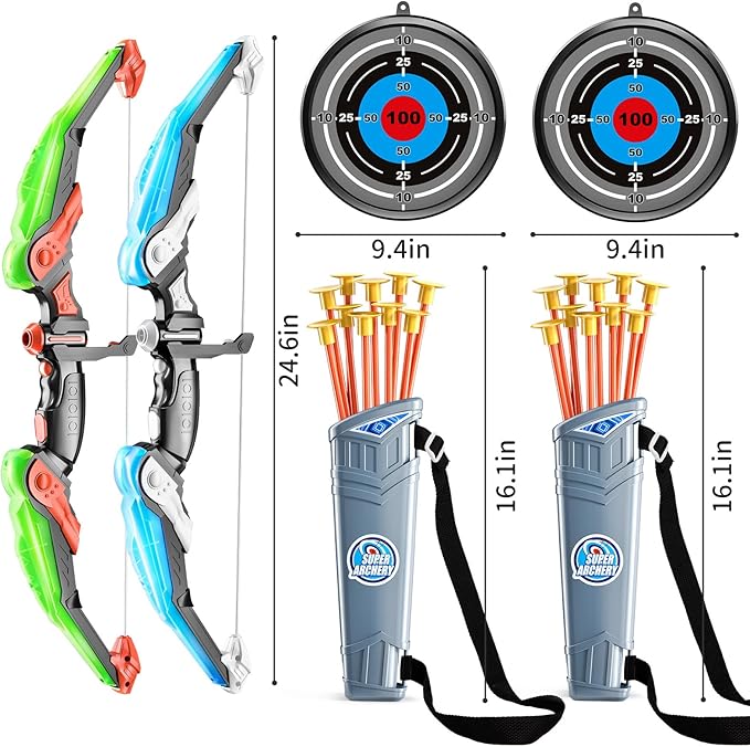 TEMI Bow and Arrow Set for Kids - Archery Toy Set - LED Light Up with Suction Cup Arrows, Target & Quiver, Indoor and Outdoor Toys for Children Boys Girls