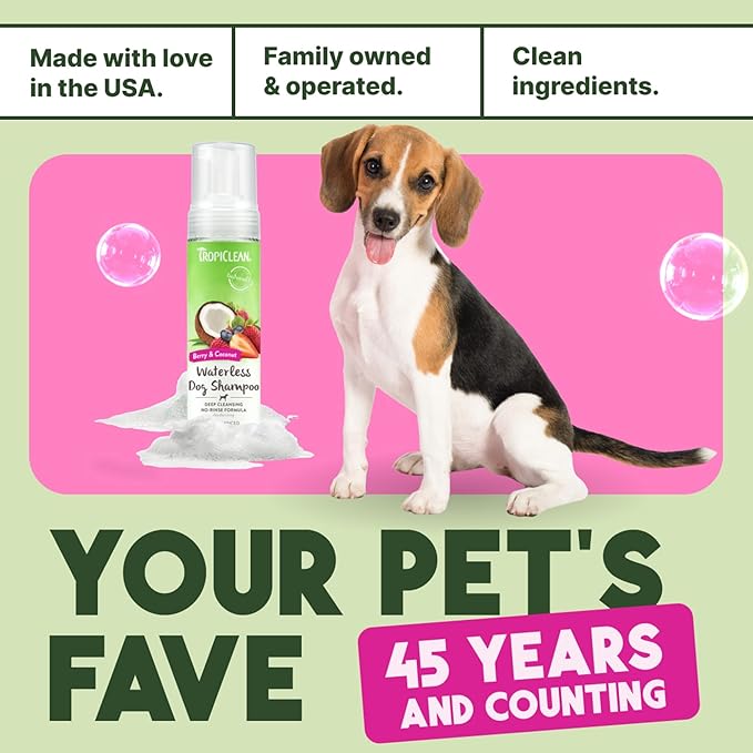 TropiClean No Rinse Waterless Dog Shampoo | Detangling and Deodorizing Dry Shampoo for Smelly Pets | Moisturizes Dry Skin | USA Made | Berry Scent | 7.4oz