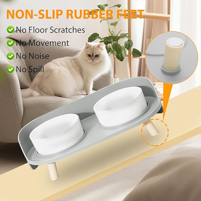 Elevated Dog Bowls Set, Ceramic Pet Food & Water Bowls with Non-Slip Stand, No Spill Design for Cats/Small Medium Dogs Gray