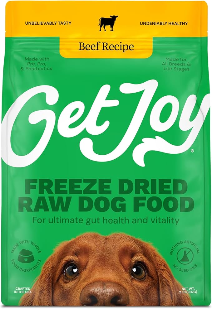 Get Joy Gut Health Fresh Freeze Dried Raw Meal, Beef Recipe, 16 Ounce Bag, Dog Food for Dogs of All Breeds and Life Stages, PhD Animal Nutritionist Formulated, USDA Beef, Made in USA