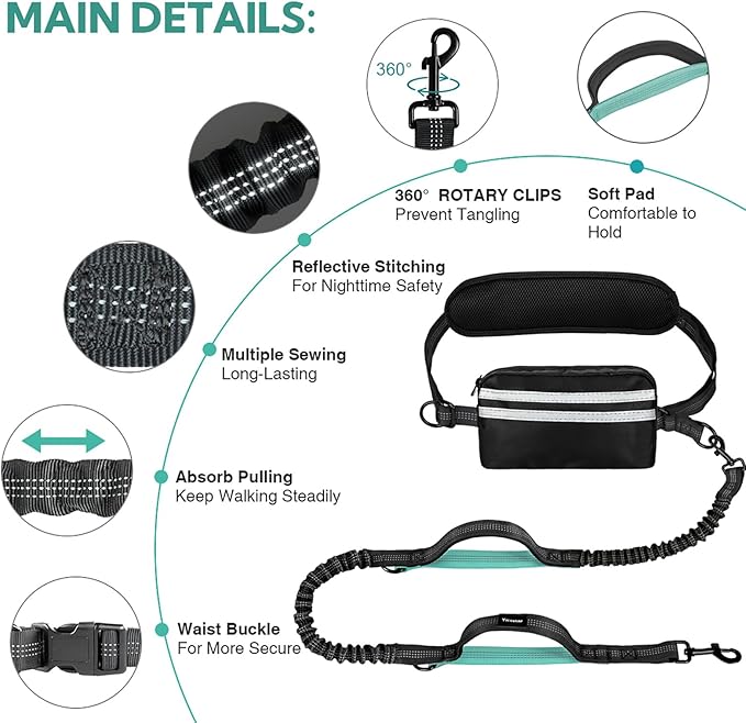 Hands Free Dog Leash, Retractable Bungee with Double Padded Handles, Waist Leash for Dog Walking, Heavy Duty for Large Dogs, Mint Green