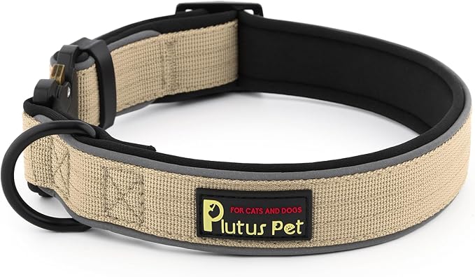 Plutus Pet Tactical Dog Collar, Reflective, Adjustable Heavy Duty Dog Collar, Soft Padded and Comfortable, for Small Medium and Large Dogs (Beige, L)