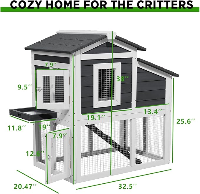 2 Story Rabbit Cage, Weatherproof Rabbit Hutch Indoor & Outdoor, Wooden Guinea Pig Cages with Removable Tray Openable Roof for Small to Medium Animals
