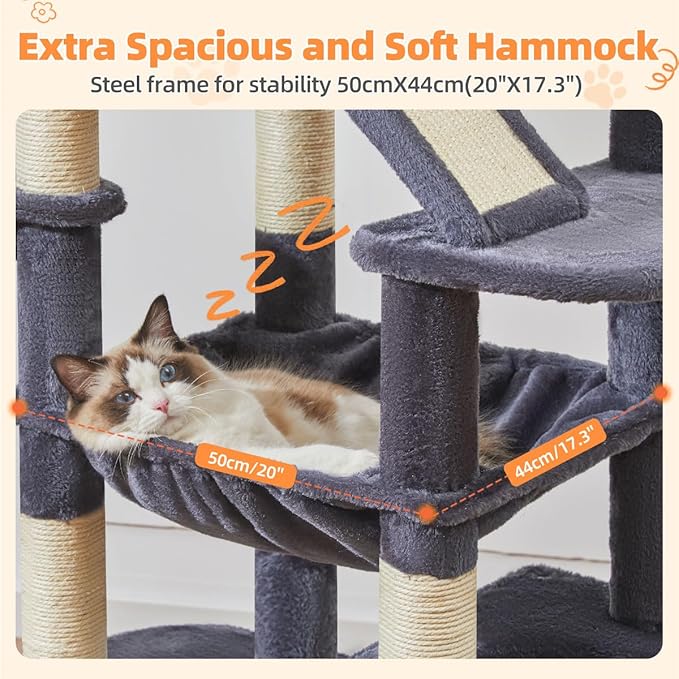 Taoqimiao Cat Tree 71-Inch, Cat Tower for Indoor Cats Large Adult, Multi-Level Large Cat Condo, 8 Sisal Scratching Posts, Metal Frame Cozy Hammock, Scratch Board, 2 Top Perches, Smoky Gray MS026LG