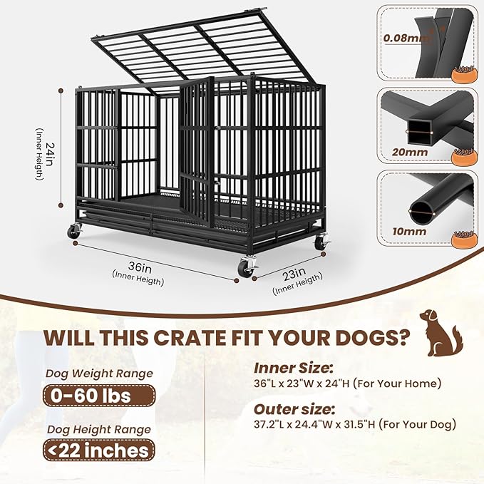 LEVELEVE 38 Inch Heavy Duty Indestructible Dog Crates for Large Dogs，Escape Proof Dog Cage Large Dogs with Lockable Wheels，Dog Kennel Furniture Indoor&Outside