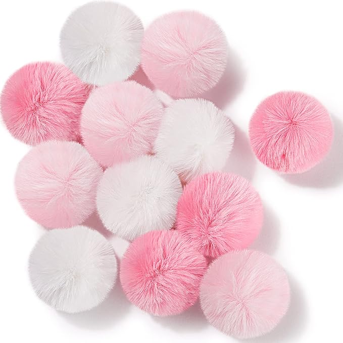 Weewooday 12 Pieces Cat Pom Pom Balls Toys Large Fuzzy Cat Ball Artificial Large Plush Ball for Cats Pets Interactive Playing Indoor(Pink, White,Solid Color)