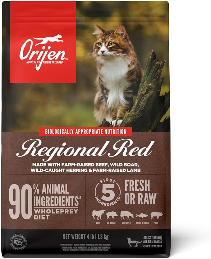 ORIJEN Grain Free High Protein Premium Dry Cat Food Regional Red Recipe 4lb Bag