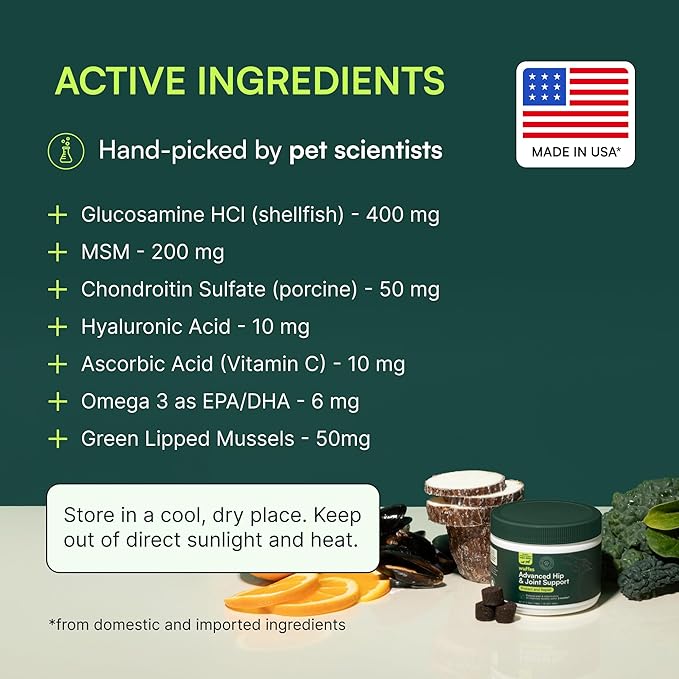 Wuffes Advanced Dog Hip and Joint Supplement with Glucosamine, Chondroitin, Omega 3, MSM, and Green Lipped Mussel, 60 Pork Flavored Chews for Small and Medium Dog Breeds