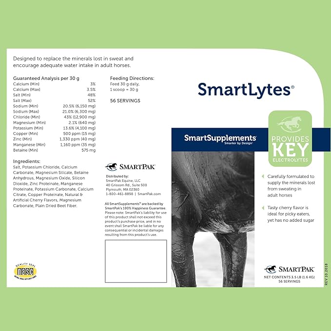 SmartLytes Horse Electrolyte Powder Supplement | Encourages Hydration, Replenishes Electrolytes | No Added Sugar | Cherry Flavor | 56 Servings | 3.5 lb Bucket