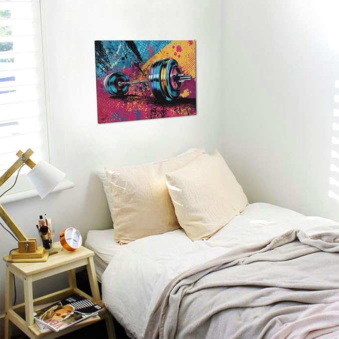 Gym Wall Art Weightlifting Fitness Canvas Wall Decor Barbell Sports Training Pictures Painting Banksy Street Graffiti Print Artwork Framed Decorations Gifts for Sports Lovers Gym Living Room Bedroom 12"x16"