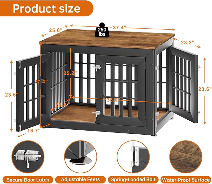 38" Heavy Duty Dog Crate Furniture for Small,Medium and Large Dogs,Rustic Wooden Dog Cage Kennel Indoor Furniture with Waterproof Top,Decorative Pet House Side End Table (Black & Wood)