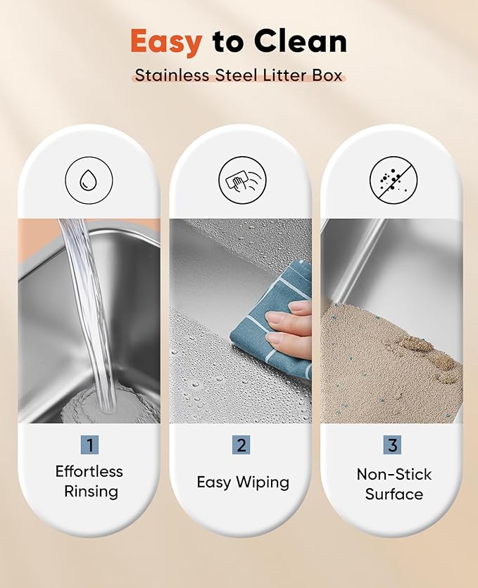 Stainless Steel Litter Box with Lid, 23.5" L x 15.8" W x 10.5" H, Large Metal Cat Box for Big Cats, High Sided Kitty Litter Box with Scoop & Pee Pads, Non-Sticky, Anti-Leakage, Easy to Clean (Black)