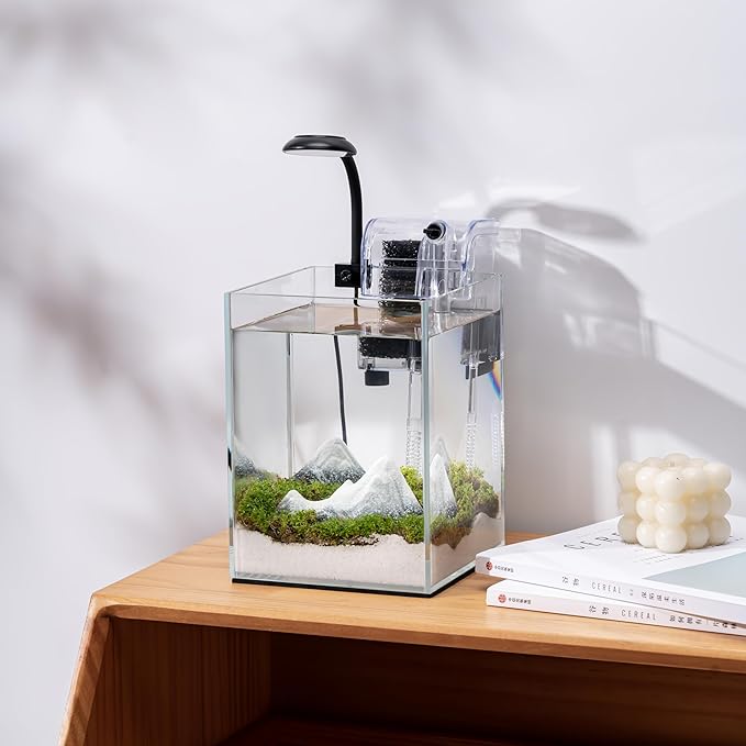 Nano Aquarium Kit,1.5 Gallon Rimless Small Glass Tank with Filter, Aquarium Light, and Aquascaping Decorations, for Home and Office (Transparent Tank - Mountain, Small)