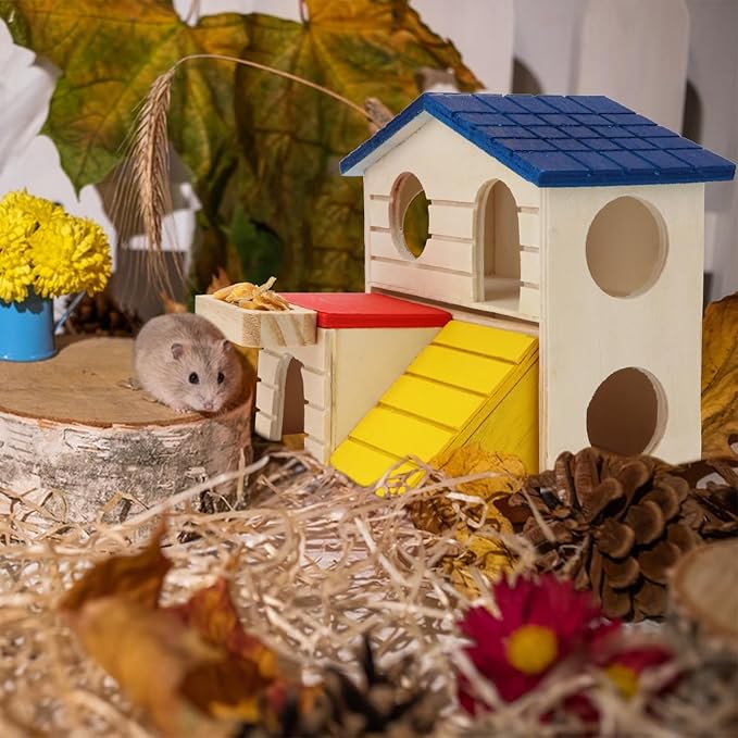 Hypeety Wooden Hamster House Maze Villa Cage for Dwarf Hamsters Gerbils Small Pets Exercise Climbing Toy Platform Multi-Level Hideout 6.1x2.95x5.9inch Blue