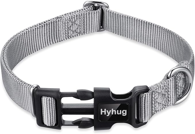 Hyhug Pets Solid Color Classic Regular Heavy Duty Basic Collar for Large Breeds Dogs, Unique Design Adjustment Triglide Slide (Buckle) Can Attached Name Tag Accessories. (Large, Sleet Gray)