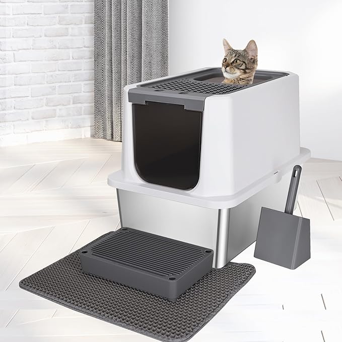 RIZZARI Stainless Steel Cat Litter Box, Odorless Enclosed Litter Box with Top Holes, Large Litter Pan for Small to Large Sized Cats (Dark Gray, 24" L*16" W*18" H)