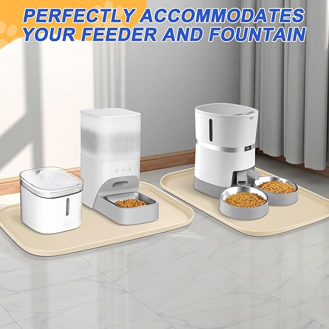 Silicone Pet Feeding Mat with Raised Edge for Food and Water, Dog Bowl Mats, Cat Bowls Placemat with High Lip for Floor Waterproof, Rubber Tray for Cats and Dogs 19 x 12 x0.7 White Sand