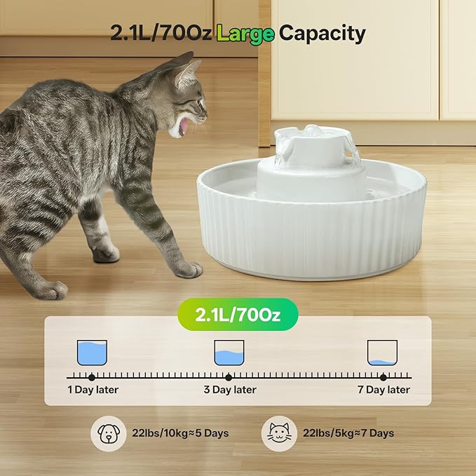 Ceramic Cat Water Fountain, 2.1L/70oz Porcelain Pet Drinking Dispenser with 4 Set Replacement Filter & Sponge, Automatic Dog Water Bowl with Ultra-Quiet Pump, Cat Feeding Watering Supplies(White)