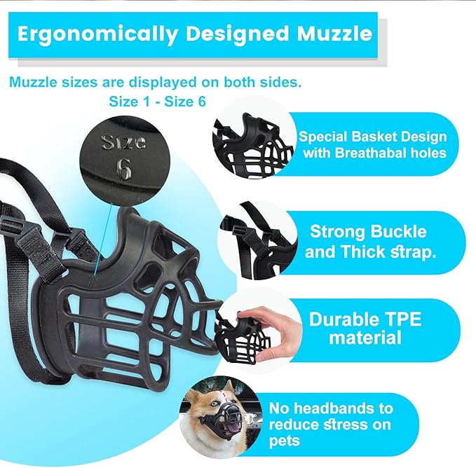 Basket Muzzle Allows Panting Drinking - Anti Biting Chewing, Sturdy Lightweight, Suitable for Grooming Trimming Training, Small Medium Large Dogs (Black, Size 4)