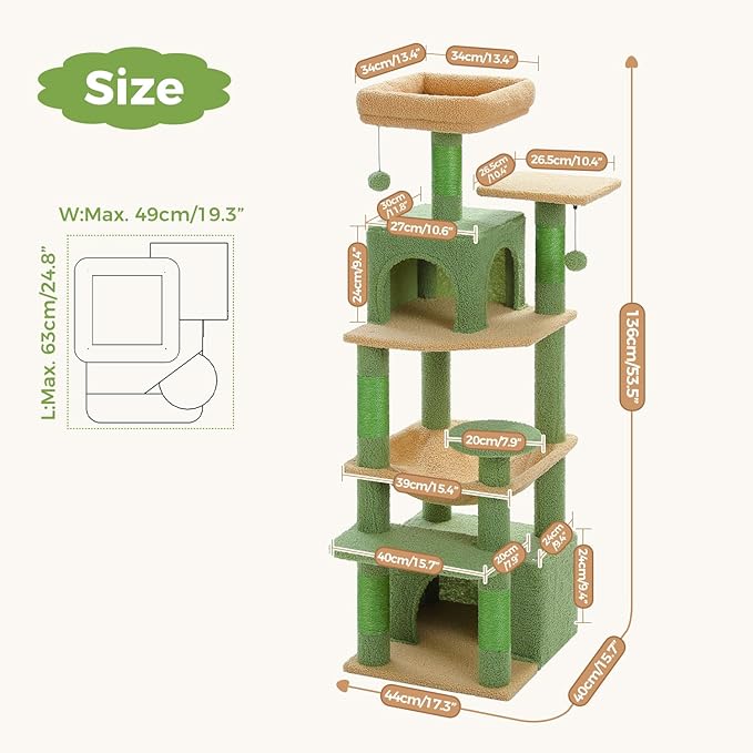 PAWZ Road Cat Tree, 53.5 Inches Tall Cat Tower with Spacious Hammocks, Condos and Scratching Posts, Cat House with Dual Padded Perches for Indoor Large Cats-Green
