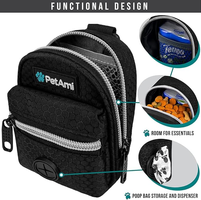 PetAmi Dog Poop Bag Holder for Leash, Dog Pet Waste Bag Dispenser For Poop With Clip For Doggie Puppy Walking Accessories Travel Camping, Dog Treat Pouch Supplies Must Have With Doggy Bag Roll, Black