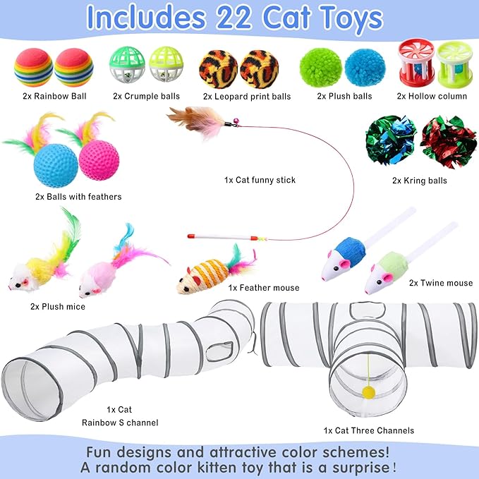 Wettarn 22 Pieces Cat Toys Set, with 2 Collapsible Tunnels for Indoor Cats and 20 Kitten Toys Tubes and Tunnels Interactive Feather Mouse Crinkle Balls for Pets Puppies(White)