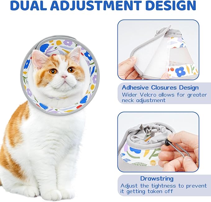 Breathable Air Mesh Cat Cone Collar Soft to Stop Licking, Adjustable, Foldable Lightweight Kitten Cones After Surgery Recovery for Cats & Kittens (Flower,L)