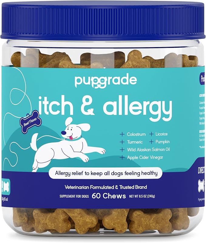 PupGrade Itch & Allergy Chew Supplement for Dogs Improved Immune Support & Seasonal Allergies with Alaskan Salmon Fish Oil - Helps with Anti-Itch - 60 Soft Chews