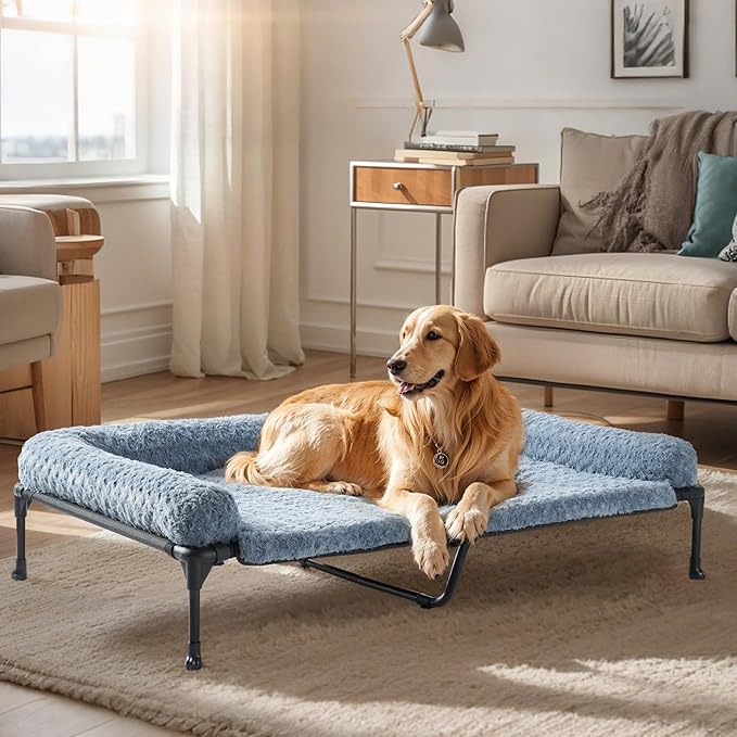 Veehoo Cooling Elevated Dog Bed Add Removable Deluxe Rose Plush Bolster Cushion Mat, 47" x 29" Washable Dog Couch Bed, Raised Pet Cot with Breathable Teslin Mesh, No-Slip Feet, Haze Blue, CWC2439B