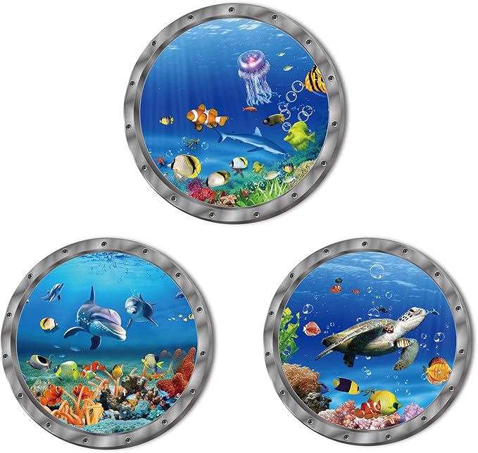 Ocean Animals World Under Sea Decor Includ Sea Turtles Dolphins Fishes 3 Pcs Removable 3D Peel and Stick Vinyl Stickers for Bathroom,Wall Decor,Wall Stickers,Bedroom,Furniture