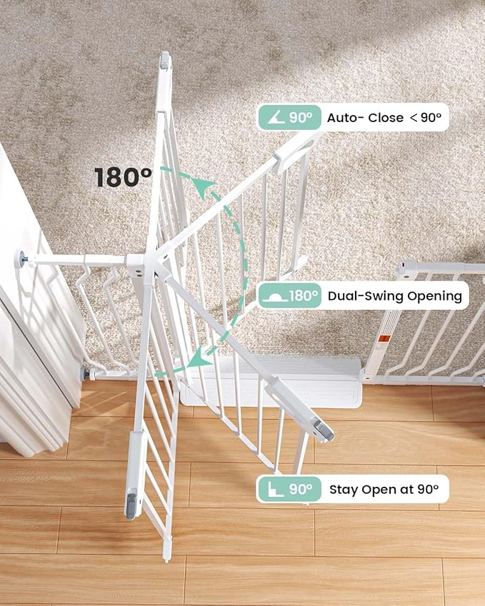 Mom's Choice-GROWNSY Baby Gate for Stairs, 29.5"-48.4" Pressure Mounted Baby Gate for Top of Stair&Doorway with V-Shaped Rods, Anti-Trip Pedal, Extra Wide Stairs Dog Gate Easy Install w/Red Reminder