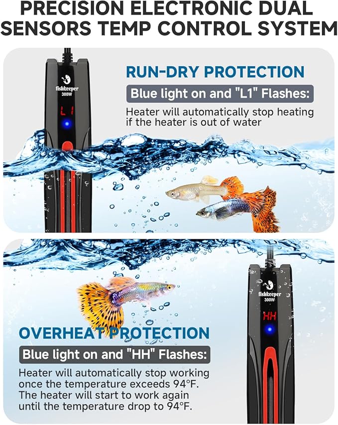 fishkeeper 300W/500W/800W Submersible Aquarium Heater for 40-220 Gal (Run-Dry/Overheat/Low-Temp Protection)(Precision Electronic Smart Thermostat)(Adjustable Temperature) Ultra-Safe Fish Tank Heater