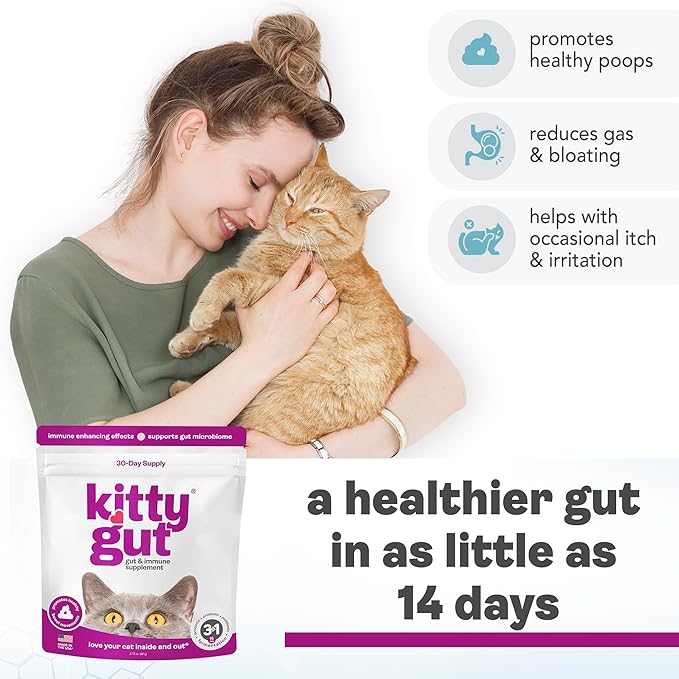 KittyGut 3-in-1 Organic Cat Probiotics & Postbiotic Supplement Powder- Made in USA-Probiotics for Cats Promote Gut Health and Cat Digestive Support, Diarrhea and Vomiting (90g)