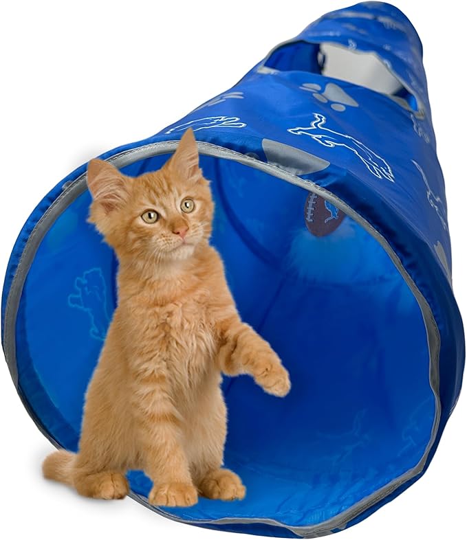 NFL Detroit Lions Cat Tunnel Tube Toy with Plush Football Catnip and Feathers Collapsible Tunnel for Cats to Play, Peek and Hide, Sporty & Fun Cat Tunnel Toy with Team Logo All-Over Design!