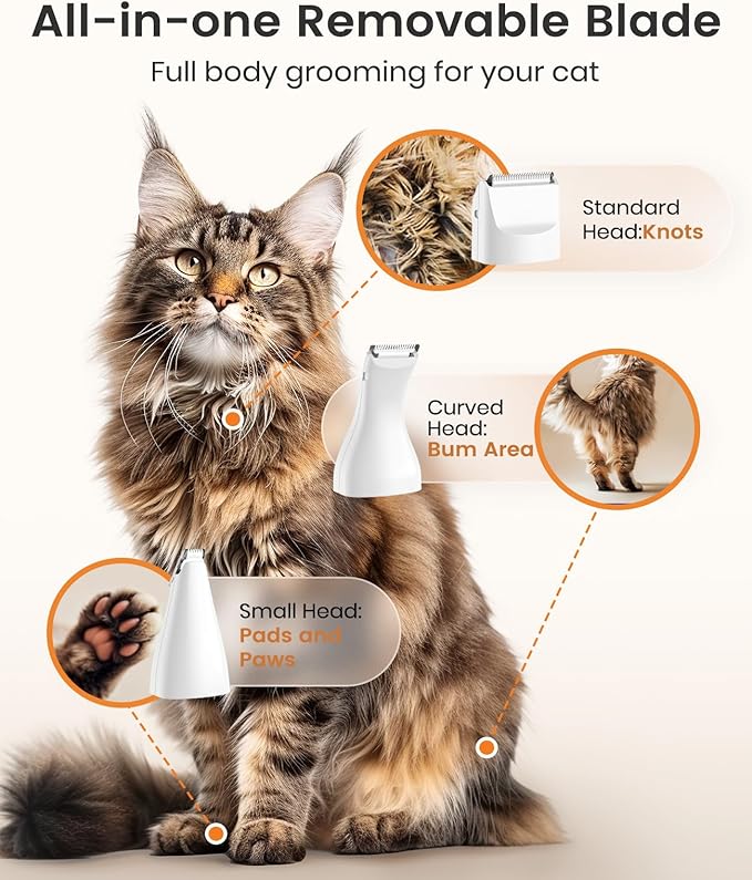 oneisall Cat Grooming Kit, 3 in 1 Quiet Cat Clippers for Thick Matted Paw Hair Trimmer, Heavy Coat Butt Shaver Cordless Pet Clippers Fur Trimmer for Dogs and Other Small Animals at Home Travel