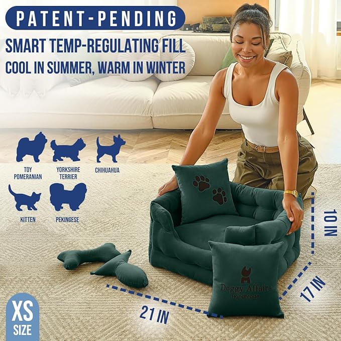 Luxury Dog Bed Chesterfield – Handcrafted Velvet Throne for Dogs | Joint Support, Calming & Temp-Regulating Comfort | Durable 5+ Years, Anti-Claw, Washable 100+ Times – XS, Green