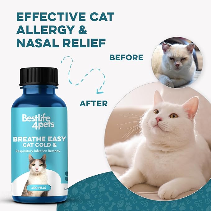 Cat Respiratory Comfort Supplement - Natural Breathe Easy Feline Support for All Seasons, Coughing, Occasional Nasal Stuffiness and Sneezing - 400 Odorless, Easy-to-Administer Tasteless Pills