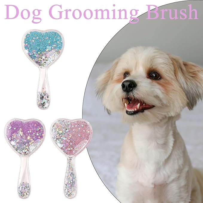 Small Dog Brush, Soft Brush for Shih Tzus, Yorkies, Maltipoos, Maltese, Love Shape Puppy Massaging Hair Comb for Small Dogs Cats Rabbits of All Hair Types (Glitter Pink)