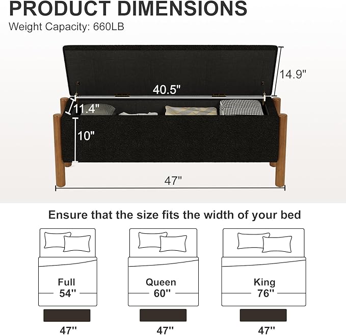 Storage Ottoman Bench, End of Bed Bench for Bedroom, 47" Boucle Upholstered Entryway Shoe Seat Benchs, Holds up to 660 lb Storage Ottoman, Padded Blanket Chest Stool Foot Rest for Living Room Black
