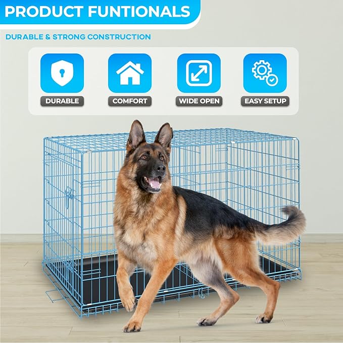 FDW Dog Crate for Large Dogs 42 Inch Folding Metal WirePet Cage Double Door W/Divider Panel Indoor Outdoor Kennel Leak-Proof Plastic Tray,Blue