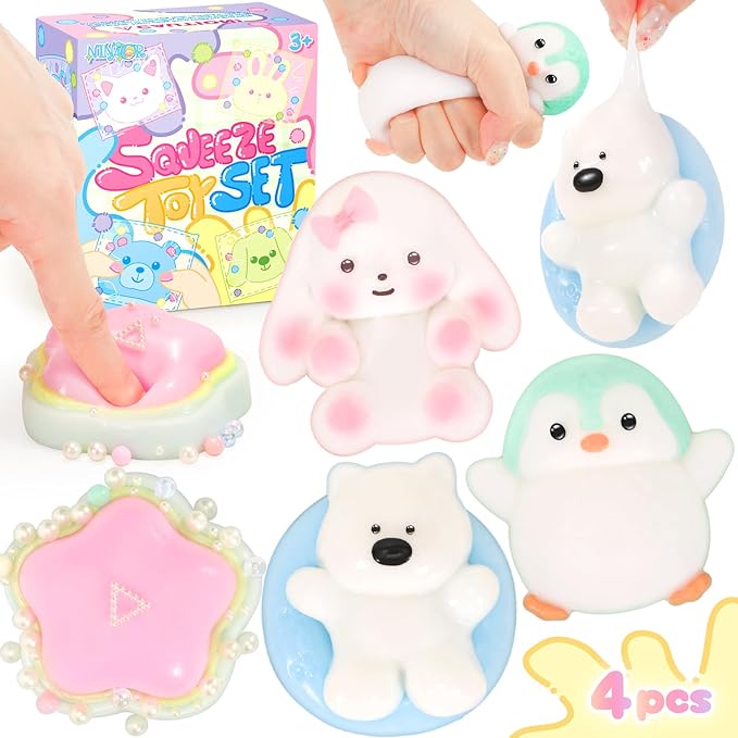 Squishy Fidget Toys 4Pcs, Cute Penguin Bunny Pool Dog Squeeze Sensory Toys for Kids Stress Relief Gifts Treasure Box Toys for Classroom Birthday Party Favors Easter Stocking Stuffers for Teens