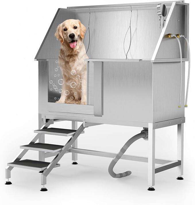 50" Stainless Steel Professional Dog Washing Station - Pet Bathing Tub w/Non-Slip Stairs | Slip-Resistant Floor Grate | for Large/Medium/Small Dogs